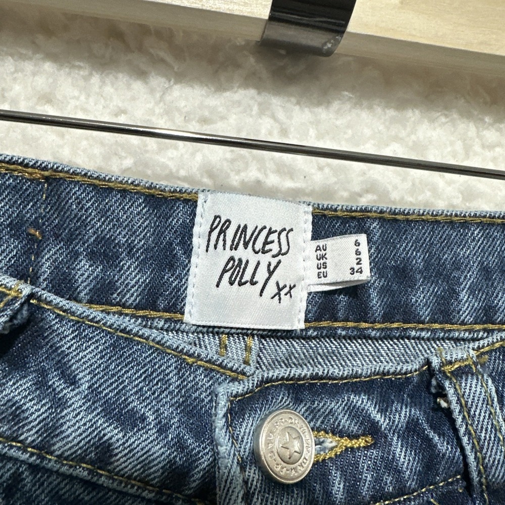 Princess Polly Fawcett‎ High Rise Straight Jeans Mid Blue Wash Raw Edge Hem Sz 2 - Picture 6 of 15